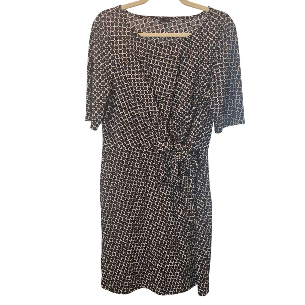 Ann Taylor Faux Wrap Dress Twist Sheath Black Beige Geometric Print Career Large